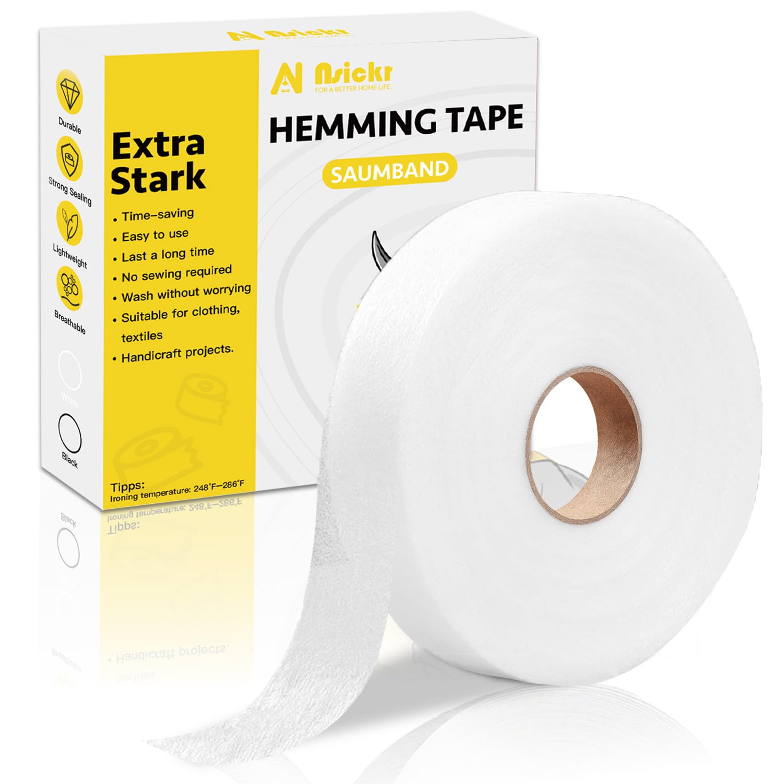 Nsickr Saumband zum Aufbügeln I Extra Stark & Waschfest I 20mm Breit I Bügelband für Bügeln I Bügelkleber Vorhänge Gardinen besser als nähen Saumvlies(Weiß)