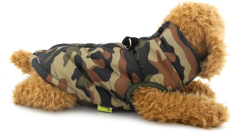 Ranphy Small Dog Camo Jacket with D-Ring Pet Winter Cotton-Padded Coat Puppy Vest Harness Chihuahua Clothes Green Size L
