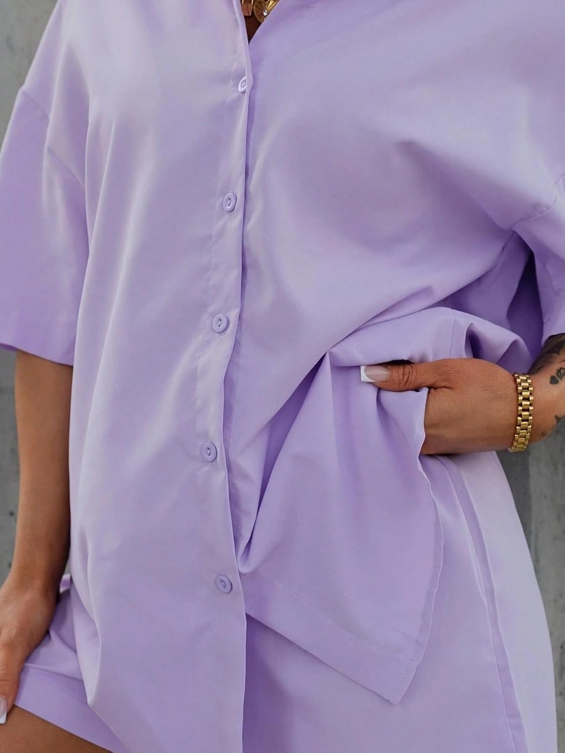 Women's Casual Button-Through Drop Shoulder Shirt And Shorts Set For Spring And Summer
