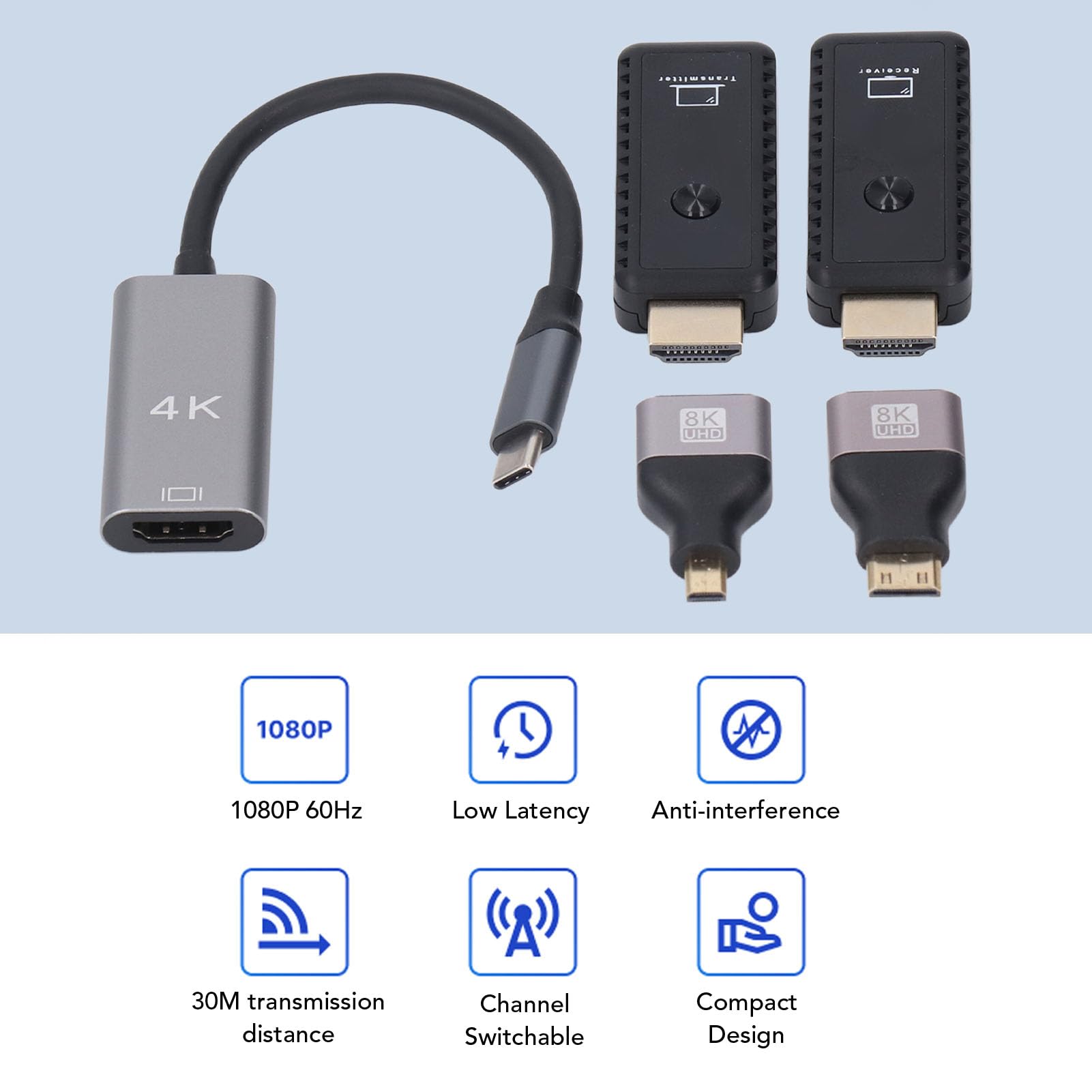 Yosoo Bezprzewodowy Interfejs HD Multimedia Extender, Transmisja 1080P 60Hz, Obsługa 4K 8K, Nadajnik i Odbiornik 30m, do Rozrywki, Konferencji, Demonstracji, Projekcji