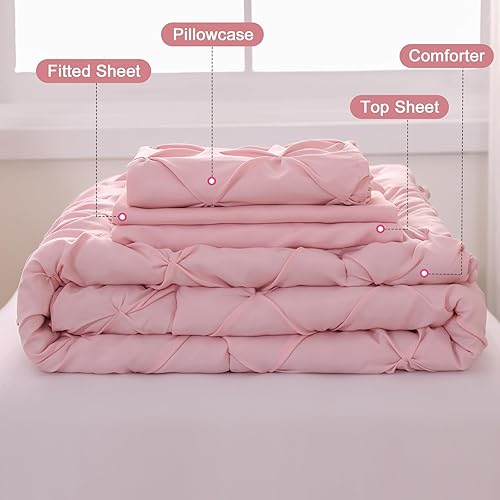 Miniatura 6 de Juego de ropa de cama de 4 piezas para niñas con diseño bohemio copetudo, color rosa claro, juego de edredón con pompones para niños pequeños,