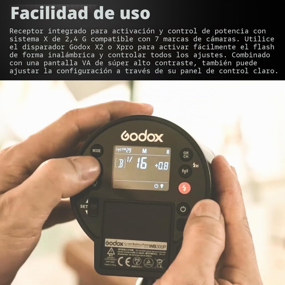 Godox AD300Pro AD300 Pro Mochila con 2 Flashes 300W 2.4G TTL 1/8000 HSS, 0.01-1.5s Tiempo de Reciclaje, 320 Plena Potencia con batería de Litio de 2600 mAh.