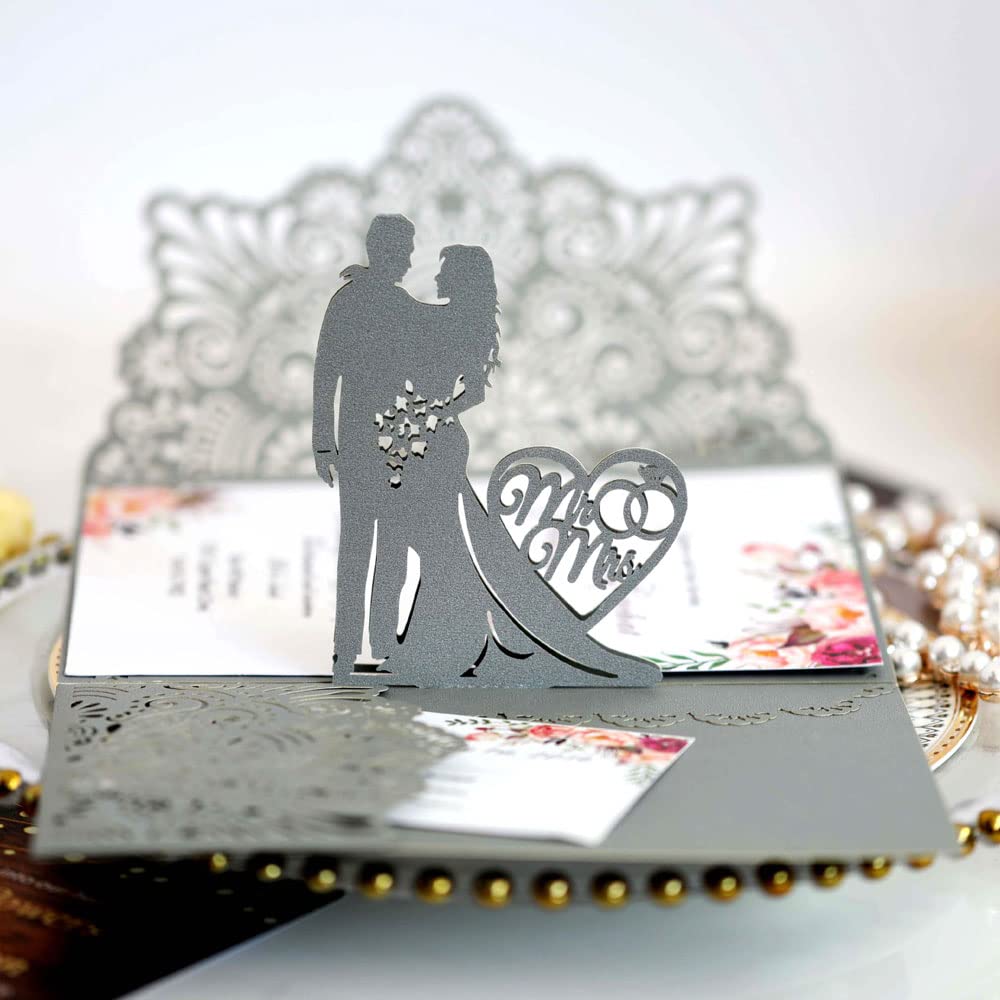 Carte d'invitation de mariage 3D pop up blanche et or découpée au laser avec enveloppe x50