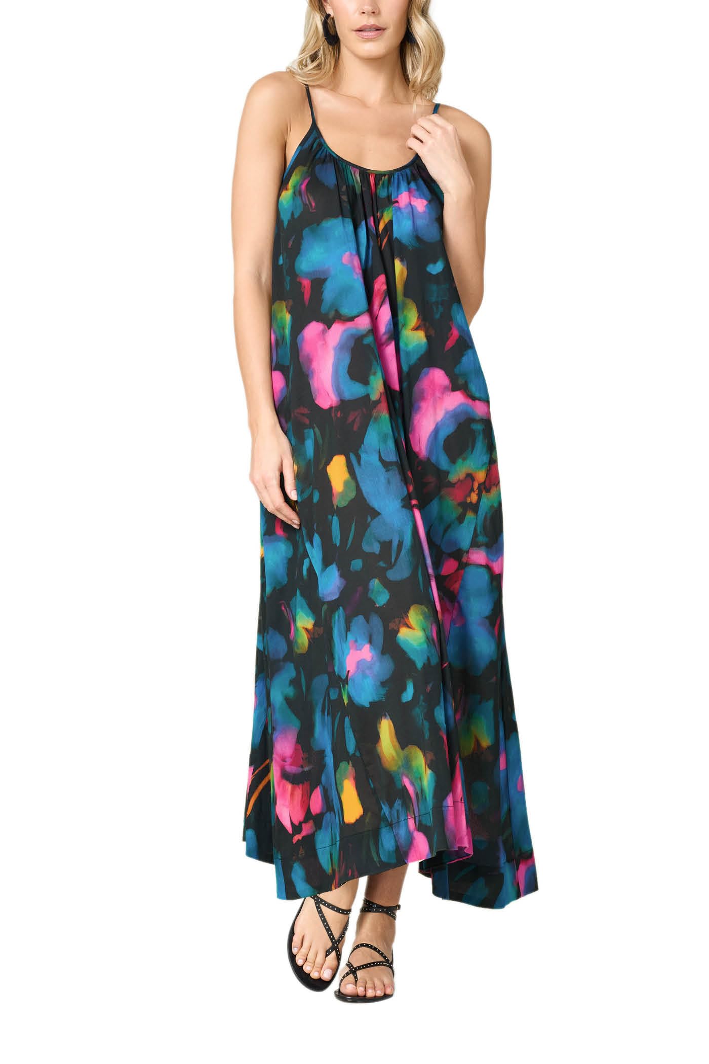Goldenpoint Donna Copricostume Estivo Waterpop - Abito Lungo Maxi Smanicato con Spalline Sottili in Tessuto Leggero Fantasia Astratta Multicolor