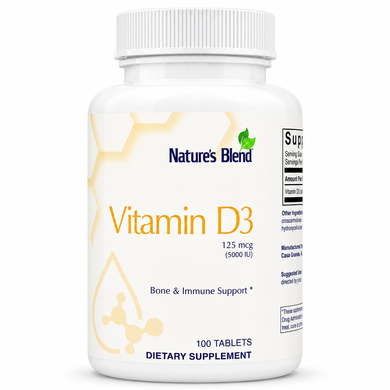 Nature's Blend Vitamin D3 5000 IU, 125 mcg, 100 Tablets, Dietary Supplement