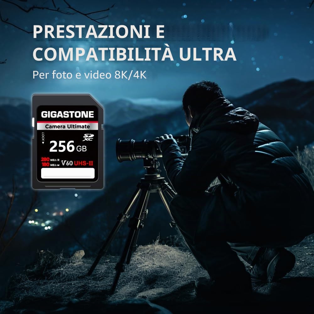 GIGASTONE UHS-II V60 256GB SD Card Camera Ultimate, Velocità fino a 280/180MB/s, U3 SDXC 4K Ultra HD UHD Video per DSLR Canon, Nikon, Sony, Pentax, Kodak, Panasonic, con 1 mini custodia