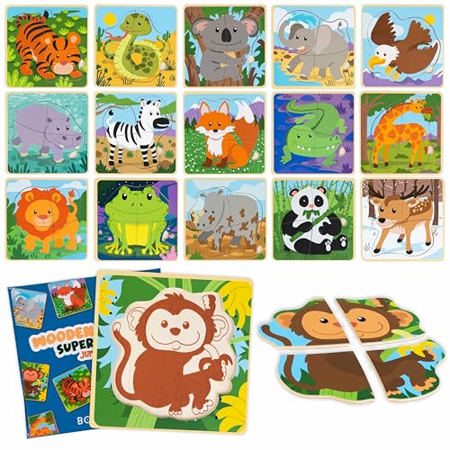 BONNYCO Pack de 16 quebra-cabeças de madeira de 4 peças para presentes de aniversário crianças colégio 1 a 5 anos. Ideias detalhes convidados, brinquedos infantis e jogos de quebra-cabeças para bebés