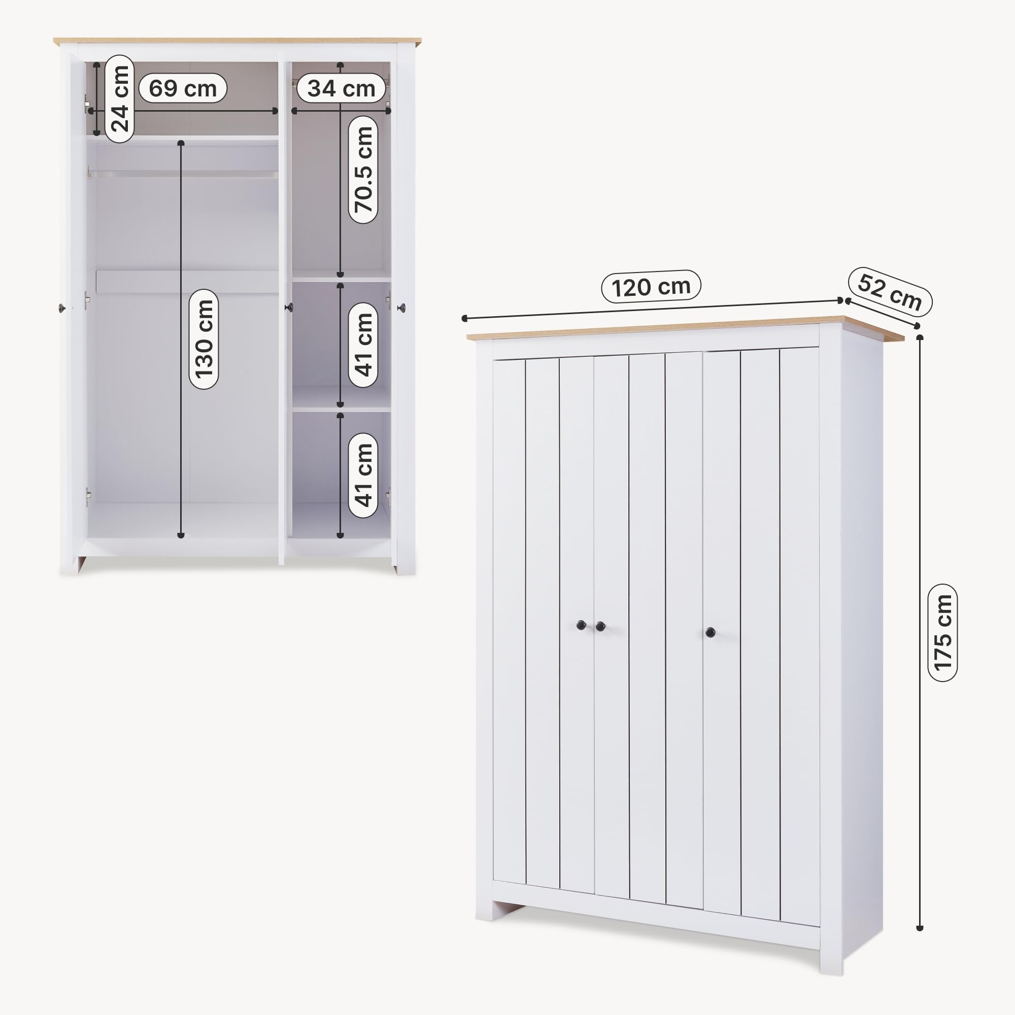 [en.casa] Armoire de Chambre avec 3 Portes et 3 Compartiments Meuble de Rangement 2 Tringles Pratiques pour Vêtements Chambre Panneau de Particules 175 x 120 x 52 cm Blanc Effet Chêne