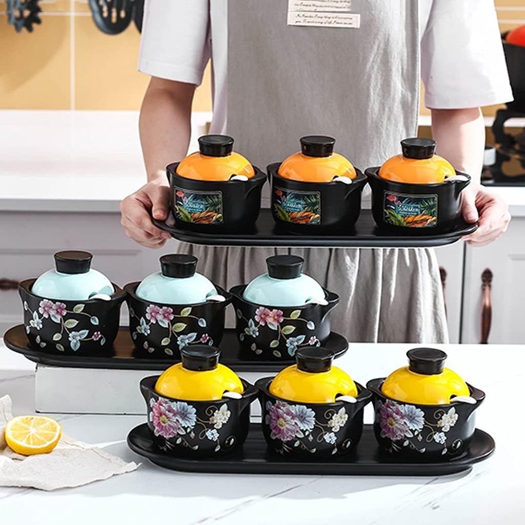 VSULZVNU Condiment jar Ceramic Seasoning Pot Spice Container Set Kitchen Seasoning Pot Seasoning Box with Ceramic Spoon and Lid Condiment Pots Seasoning Jars