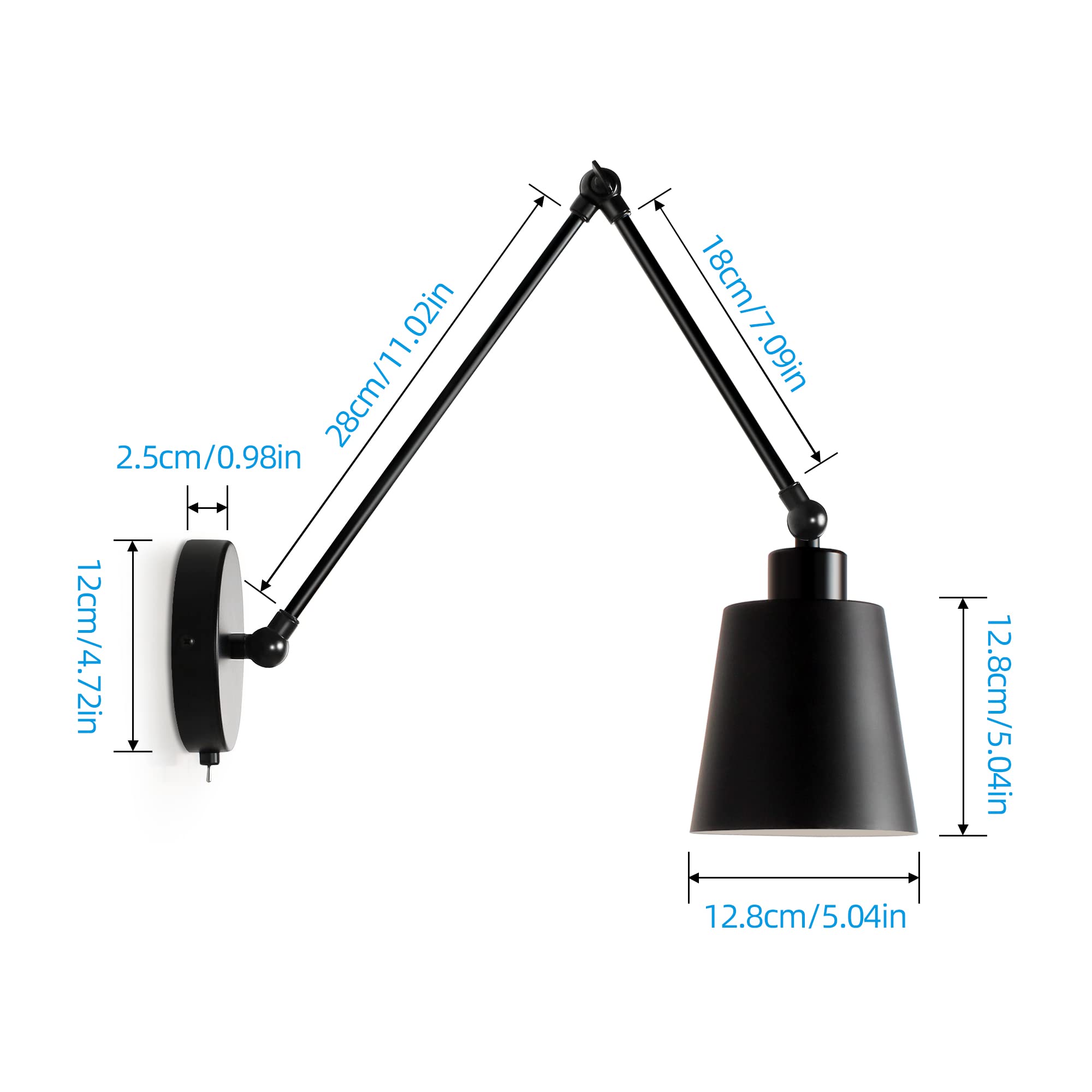 MantoLite Lampade da Parete Braccio Oscillante con Interruttore, 60CM Lampada da Comodino Luce Di Lettura, Nera Opaca Specchio da Camera Illuminazioni per Pareti Lampade Applique (Includi lampadina)