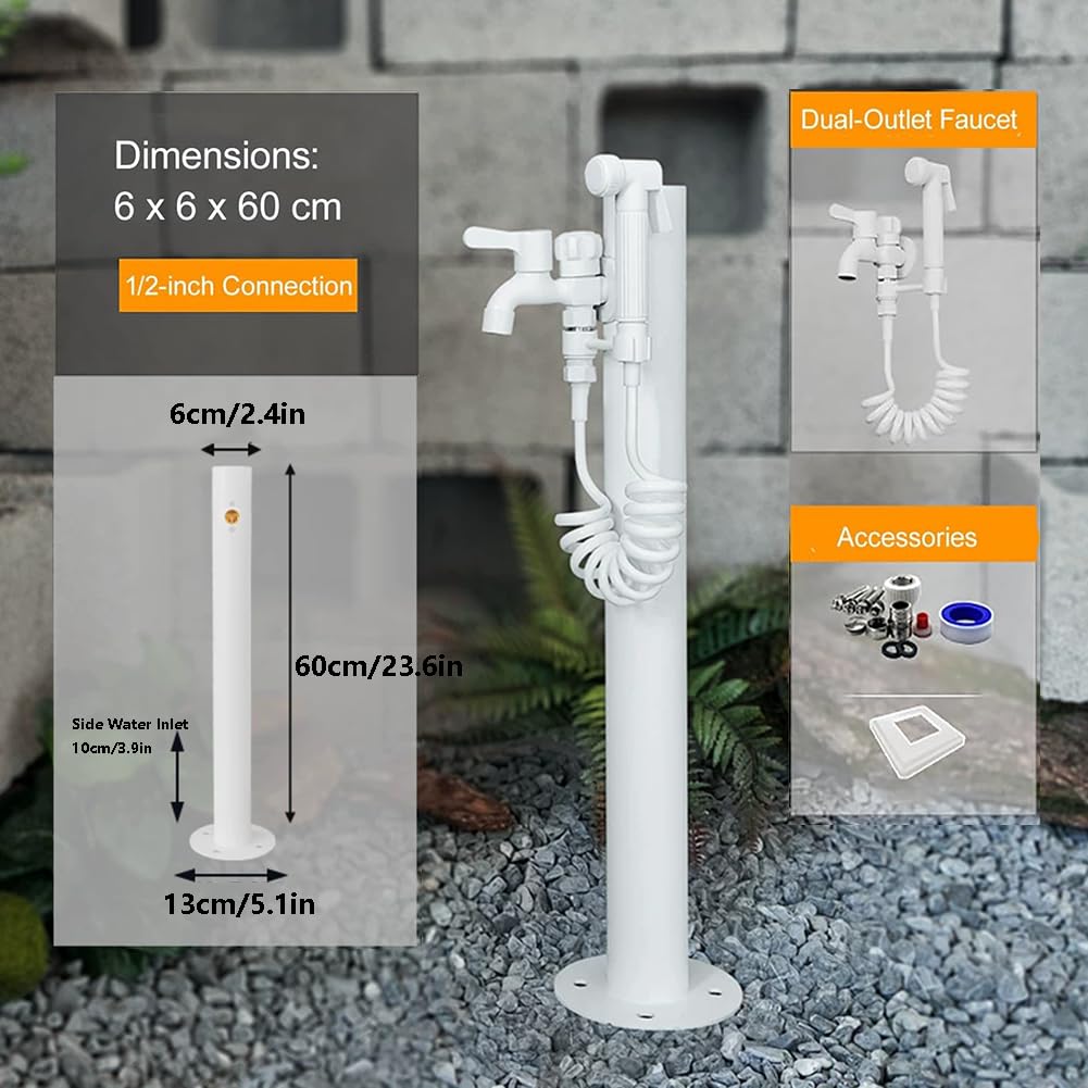 Biała pionowa kolumna wodna do ogrodu zewnętrznego | Podwójny kran ogrodowy montowany na podłodze, do nawadniania trawnika i mycia na patio,White 2,60cm/23.6in