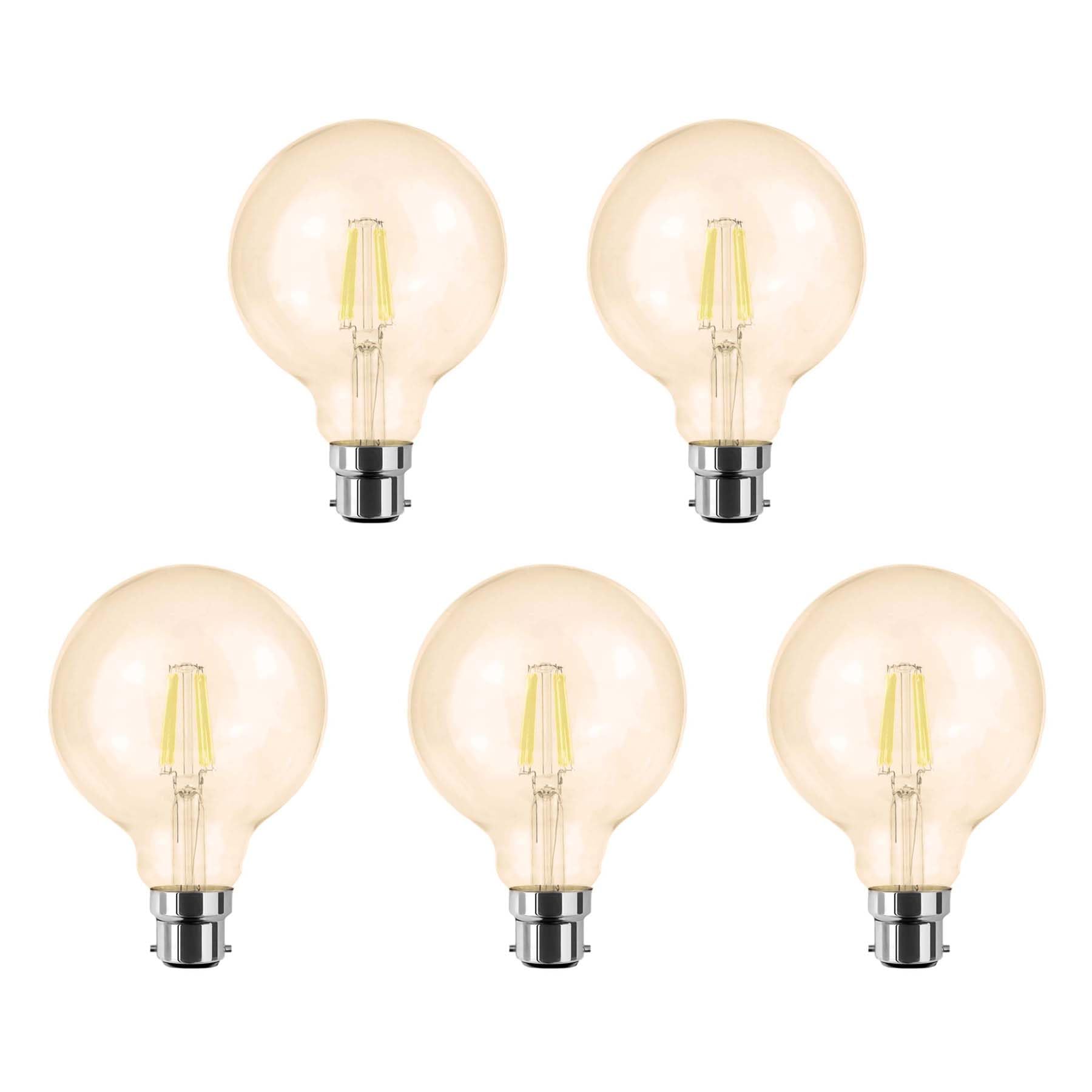 G.W.S® LED Filament Bulb, G95 B22 Bayonet, LED Globe Bulb, 8W Dimmable Warm White 2700K, Amber Glass, Pack of 5
