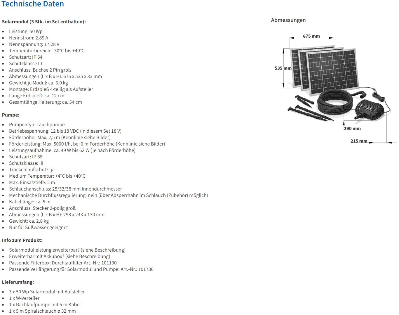Esotec Solar Bachlaufpumpe 5000 l/h mit 3x50W Solarmodul – Wasserfall Pumpe für Gartenteich, Bachlauf & Quellstein – Direktbetrieb 101972