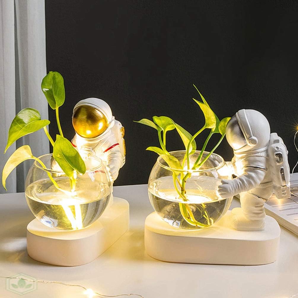 Glass Water Planter Vase with Led Astronaut Ornament and Night Light Resin Spaceman Hydroponic Flower Pot for Home Office Garden Decor 6.1X5.7X3.14 Inch