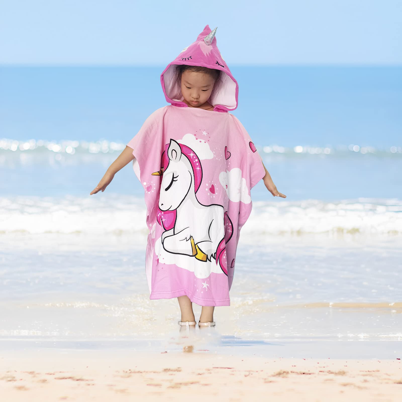 Ręcznik kąpielowy z kapturem dla dzieci, ręcznik plażowy z mikrofibry Poncho Ultra miękki i bardzo duży ręcznik dla dziewczynek i chłopców 6-14 lat, różowy jednorożec