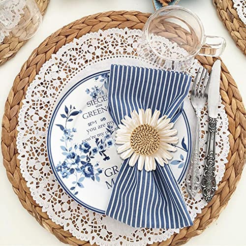 Woven Sunflower Napkin Rings Set Of 4, Handmade Faux White Daisy Napkin Ring, Braided Cotton Thread Serviette Buckles Holder For Dinner Table, Wedding, Family Gathering (Sunflower) #TOP3