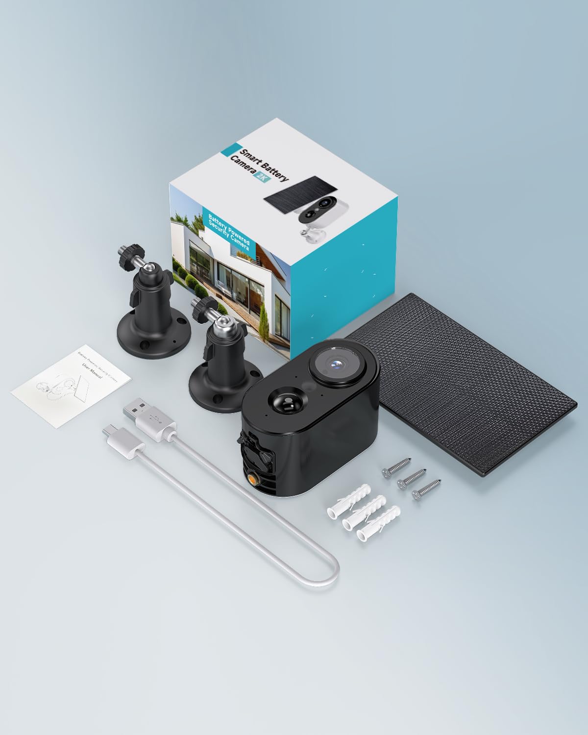 2K Caméra Surveillance WiFi Exterieure sans Fil Batterie - Camera Surveillance WiFi avec Panneau Solaire, Vision Nocturne Couleur, Extérieure/Intérieure, PIR Détection Mouvement, IP66, Noir