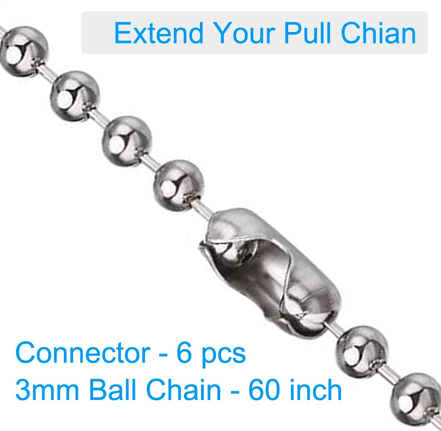 Ceiling Fan Pull Chain, 60 Inch Pull Chain Extension for Ceiling Fans and Light Fixture, Rust Proof Stainless Steel Ball Chain with Matching Connectors (3mm Diameter, Silver)