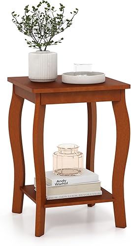 GOFLAME Mesa auxiliar cuadrada de 2 niveles, moderna mesa auxiliar de sofá con estante de almacenamiento, patas de madera maciza, mesa de acento