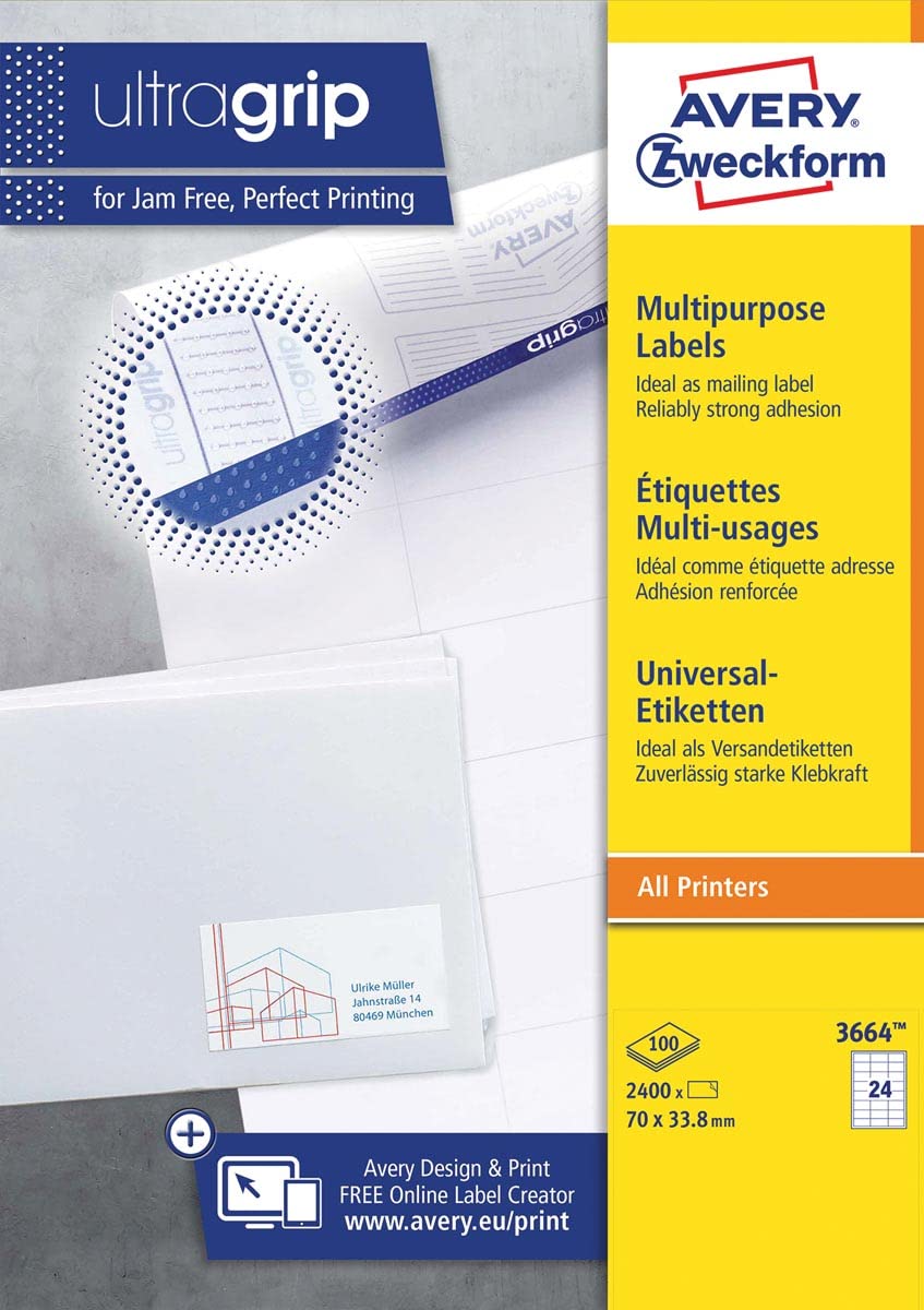 Avery Zweckform 3664 Universal Labels 100 Sheets / 2,400 Labels 70 x 33.8 mm White