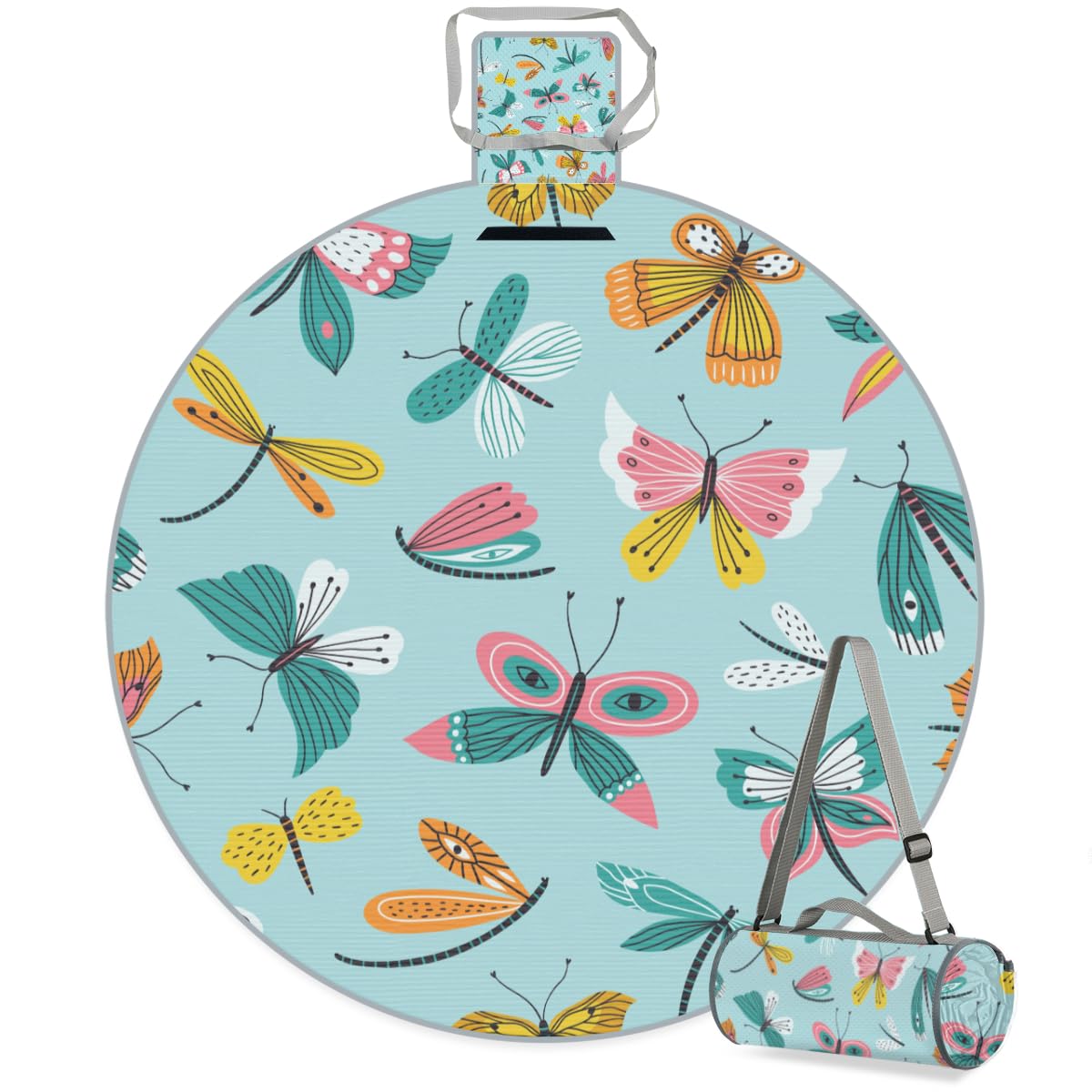 Shimoshe Hand-Painted Butterfly Picnic Outdoor Blanket Foldable Waterproof Sandproof Beach Blanket Portable Water-Resistant Round Picnic Mat for Travel Camping Park Lawn