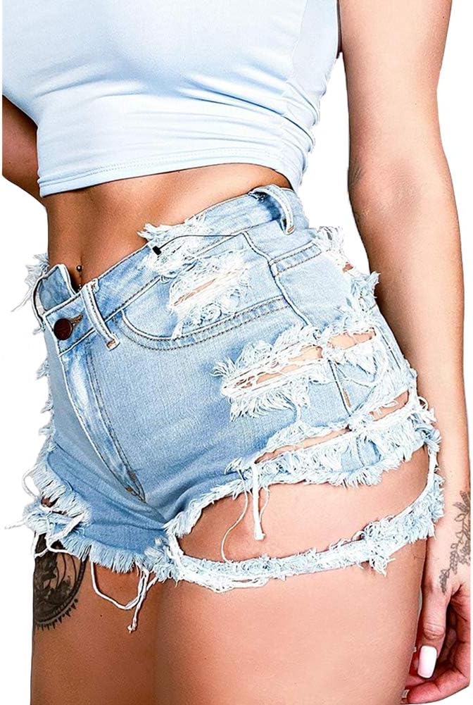 Susupeng Women Summer Irregular Waist Jean Shorts with Pockets Frayed Ripped Holes Cute Sexy Hot Mini Denim Shorts - Image 3