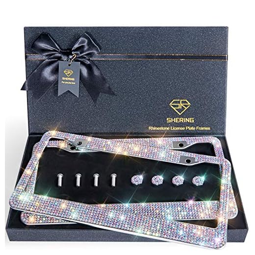 SHERING Bling License Plate Frame, 2 Pack License Plate Frame with Premium Gift Box for Women,Rhinestone License Plate Frames with 1200pcs Rhinestones（Colorful Rhinestones）