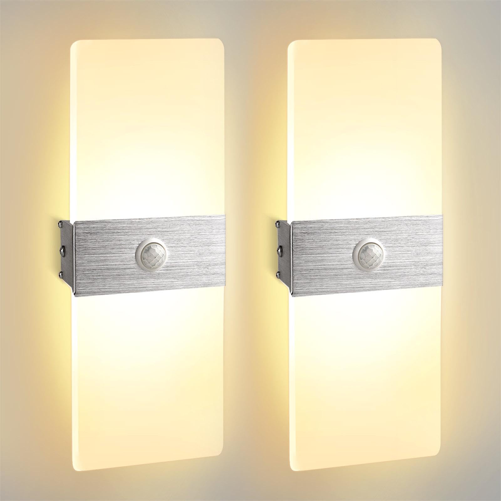 2 Pezzi Applique da Interno con Sensore di Movimento 12W Bianco Caldo 3000K | JaneYi LED Lampada da Parete Moderna in Acrilico e Alluminio Luce per Corridoio Scala Ingresso Balcone Soggiorno