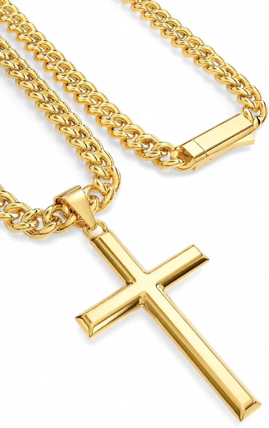 Solid 925 Sterling Silver Cross Necklace for Men ＆ Upgraded Box Clasp 316L Stainless Steel Cuban Link Chain Mens 5MM Width Crucifix Jewelry Beveled Edge Cross Pendant 18-26 Inches