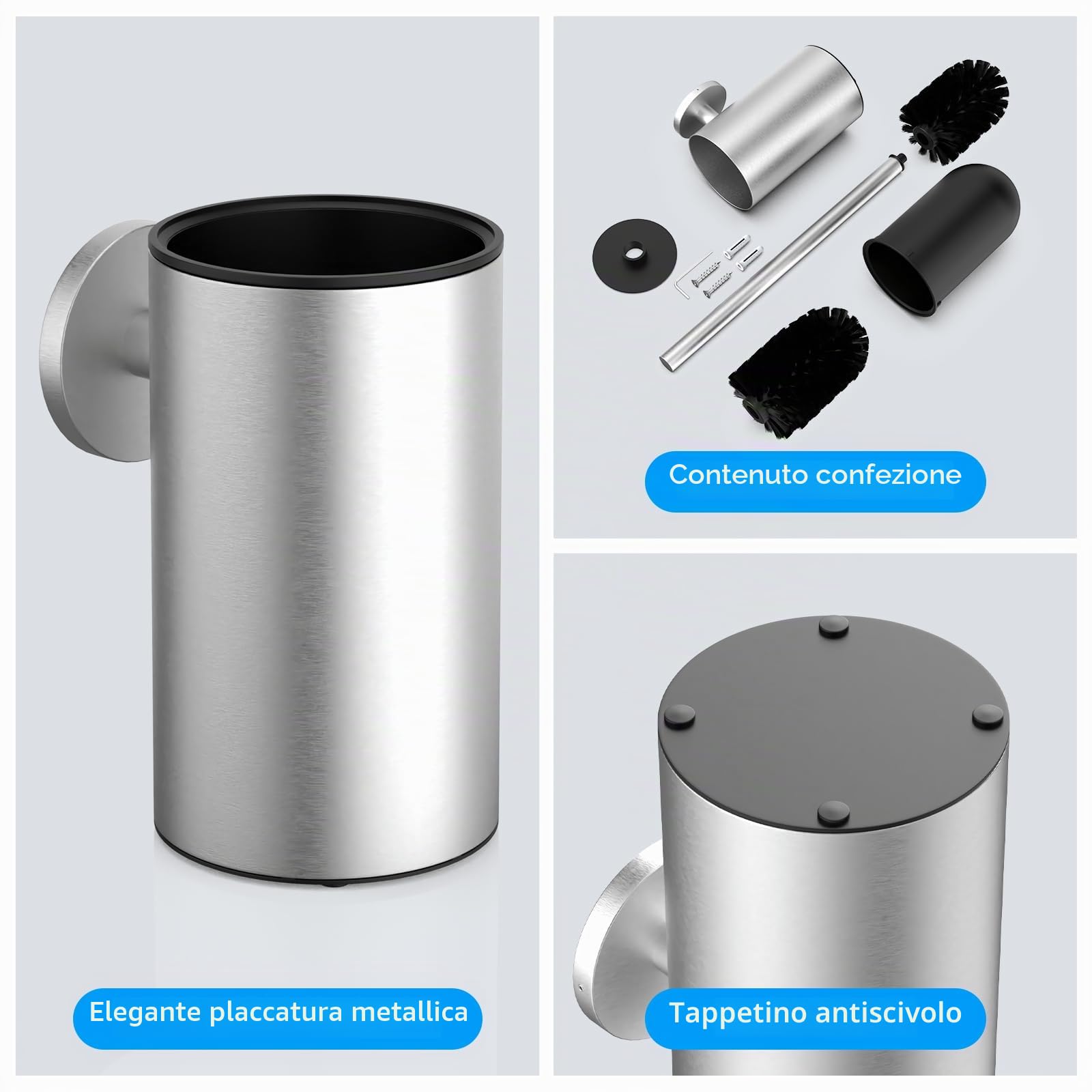 Spazzola per WC in acciaio inox 304, set per WC con montaggio a parete e porta scopino – Include 2 testine (Round Silver)