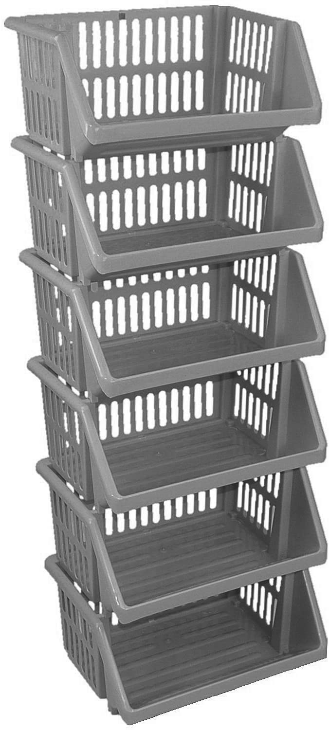 Sarrah Little Store Grey Stacking Basket - Multifunctional Storage Baskets - Sturdy & Durable - Made Of Plastic - Woven Design- Semi Open Front - Easy To Stack - 35Cm (Tier Of 6, )