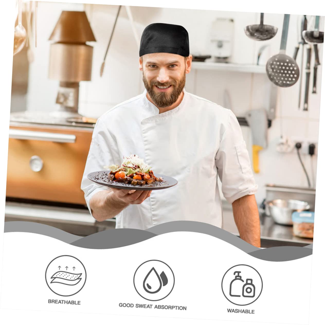 VALICLUD 8 Gorros de Chef Negros de Algodón Estilo Japonés, Cómodos y Elásticos para Cocineros en Restaurante y Cafetería