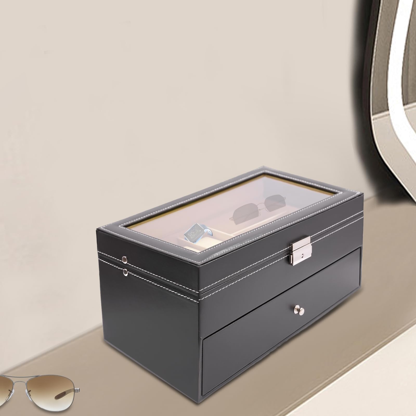 TFCFL Black Leather Watch Box Jewelry Case and Eyeglasses Storage and Sunglass Glasses Display Drawer Lockable Case Organizer (6 Watch Box Jewelry Cas
