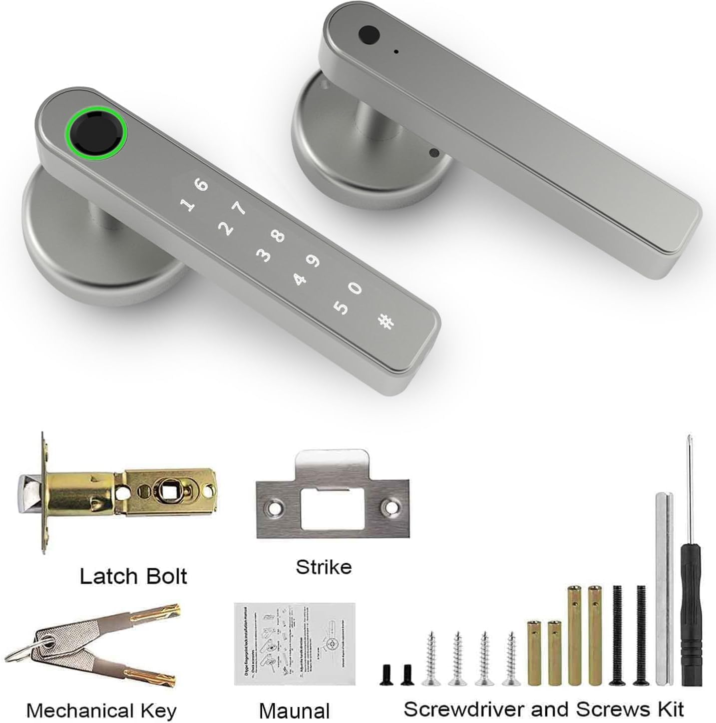 AILRINNI Smart Lock components including the lock, latch bolt, strike plate, mechanical keys, manual, screwdriver, and screws.