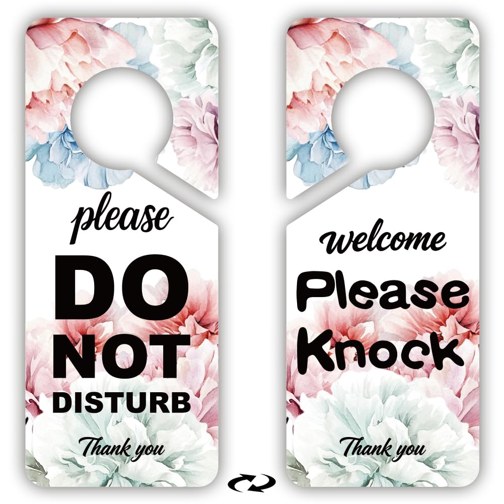 PRESSINART 2 Pack Do Not Disturb Door Hanger Sign Welcome Please Knock Sign Double Sided Flower Designs PVC Notice Plaque for Offices Online Sessions and Meetings Hotel Home Decoration 9 x 4 Inch — image 1