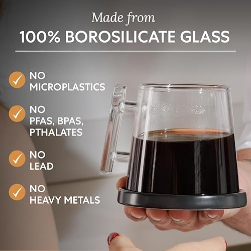 Miniatura 3 de Pure Over Taza de vidrio de borosilicato con capacidad para 14 onzas, incluye posavasos de cerámica, diseño moderno con mango ergonómico, perfecta