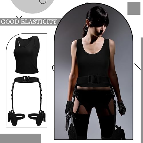 Miniatura 5 de Jiuguva 3 piezas de disfraz de Halloween para mujer, pistolera de pierna ajustable, guantes de cuero, camisetas sin mangas