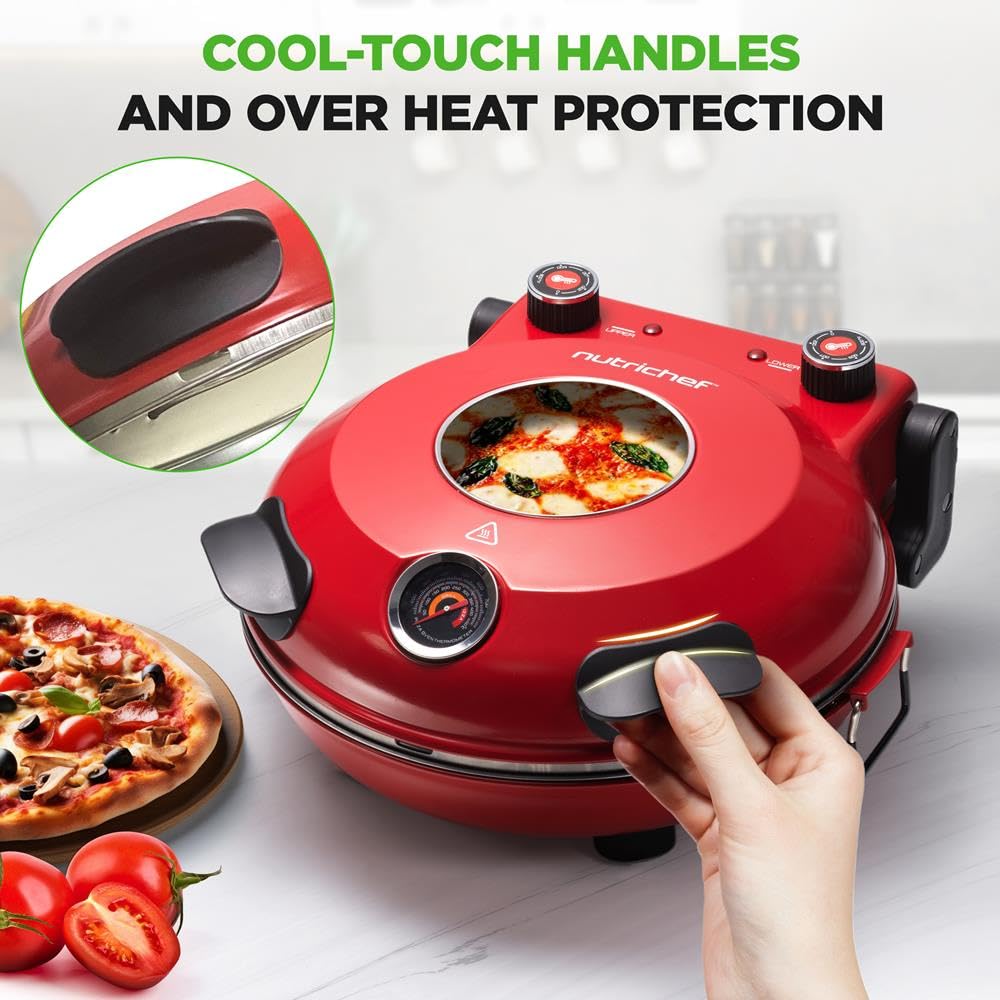 NutriChef Elektryczny piekarnik do pizzy, 1200 W, z kontrolą temperatury i termometrem, okno do precyzyjnego gotowania, podgrzewa do 800 °F, łatwa do czyszczenia, powłoka nieprzywierająca, kolor