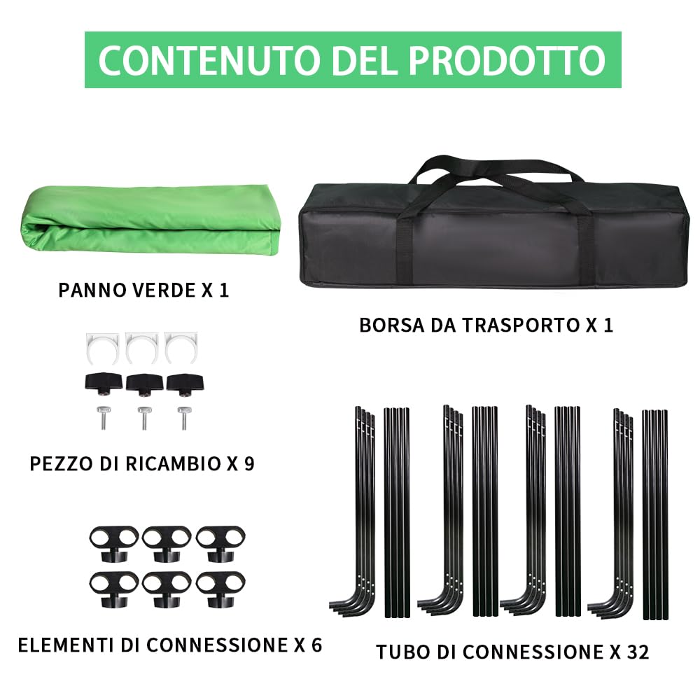 2,4m x 4m Sfondo Verde Grande Fotografico con Supporto Portatile per Video, Ritratto, Streaming, Studio,Fotografia di Prodotto, Keying, Palcoscenico