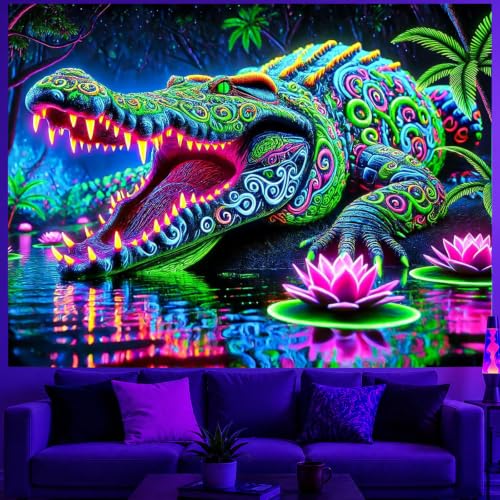 Image of BlissYard Blacklight Tapestry 78x59 Inch Neon Alligator Wall Hanging Glow in the Dark Trippy Jungle Blacklight Tapestry for Game Room Bedroom Lounge Dorm Wall Decor Psychedelic Poster