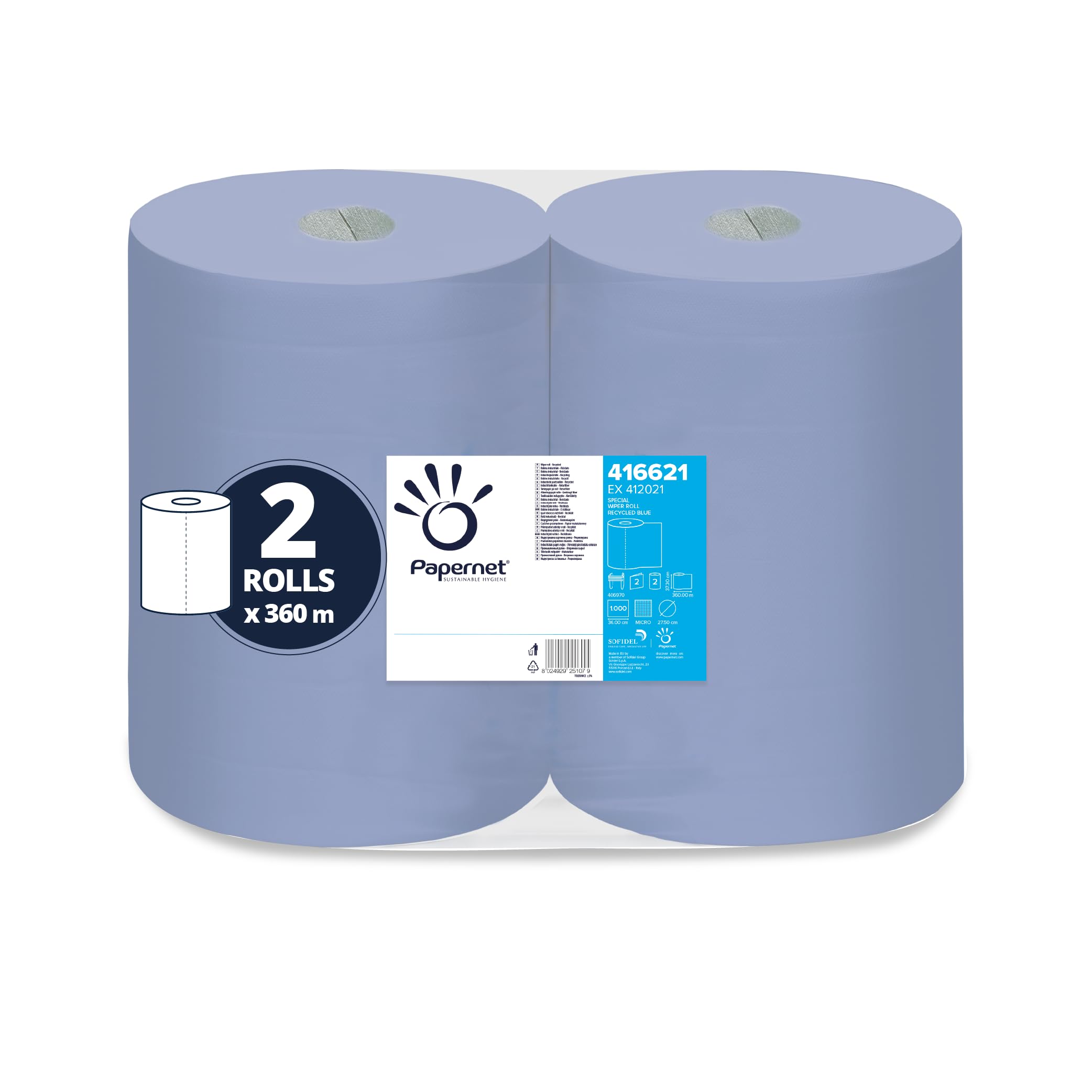 Papernet - Rollo de papel azul industrial 416621, 2 rollos de papel reciclado, 360 m, 2 capas, 2000 servicios de 37,3 x 36 cm