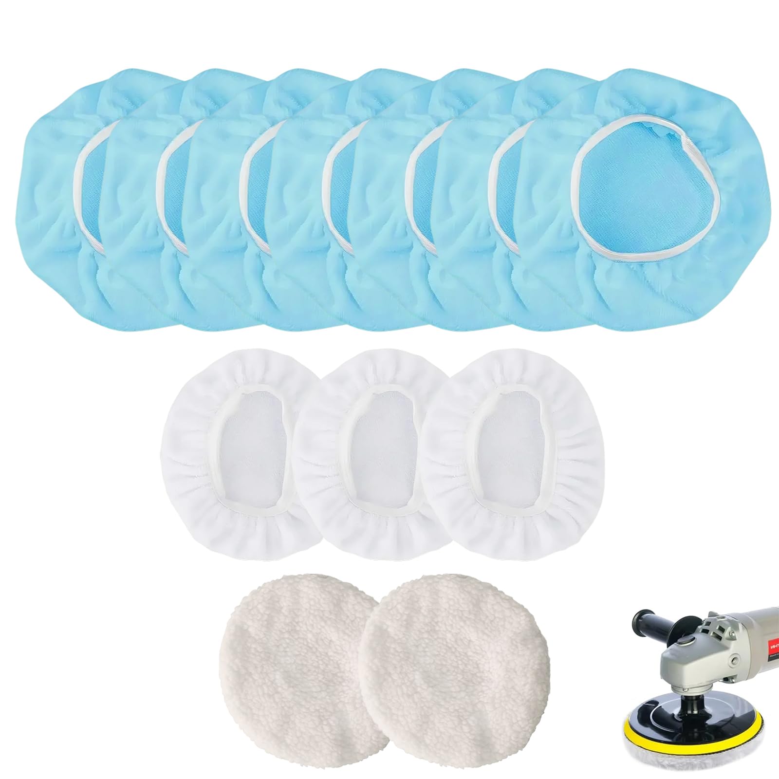 Tampone per Lucidatura Auto 12 Pezzi – Set di Tamponi per Polisher 230-250mm in Microfibra, Lana e Coral Fleece – Copertura per Macchina Lucidatrice, Design a Fascia Elastico, Facile da Usar