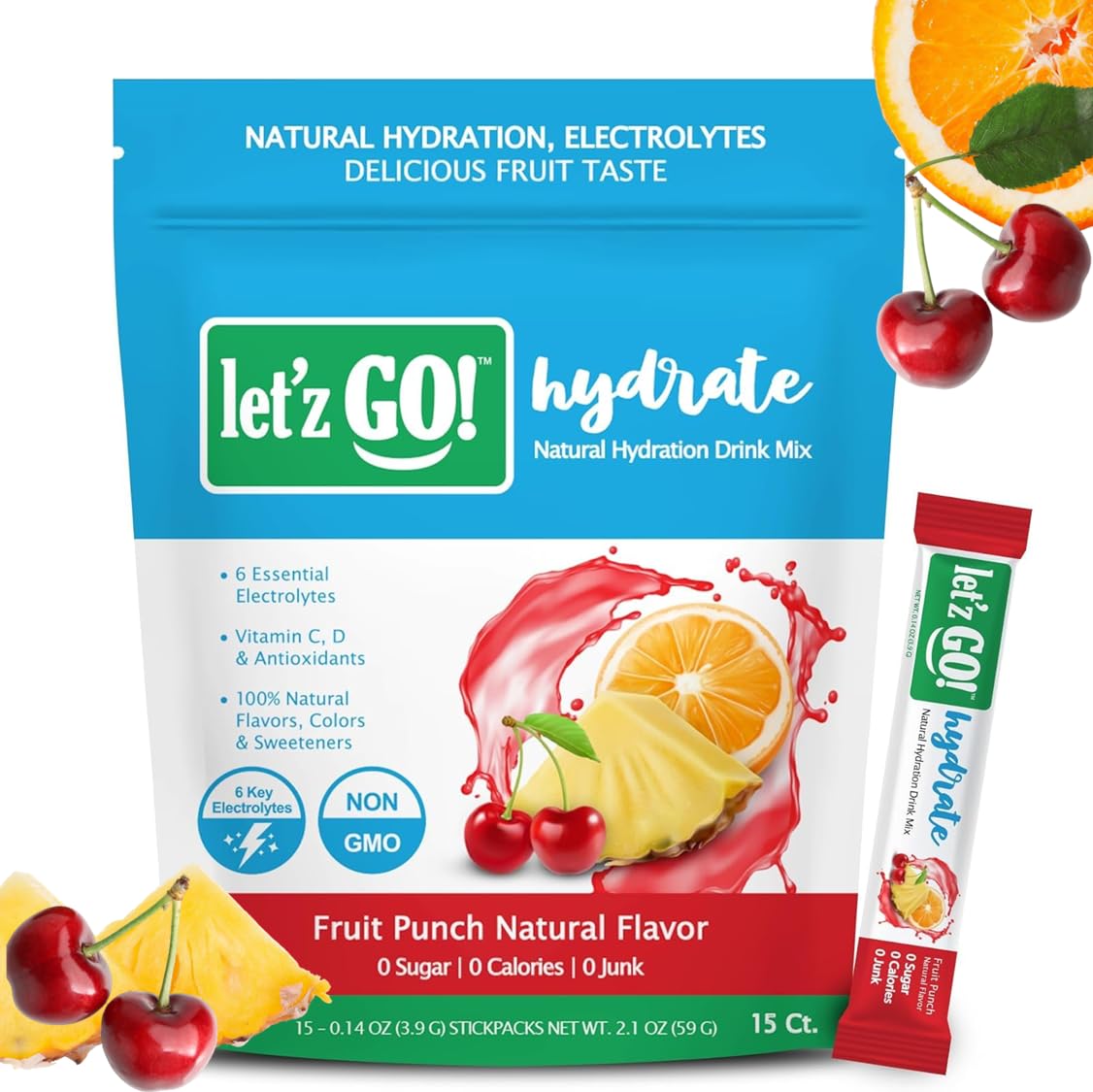 Let'z Go! Hydrate- Natural Hydration + Electrolyte Drink Mix- Hydration + Electrolytes + Antioxidant Powder Packets, Natural Flavors, Vitamins C + D |