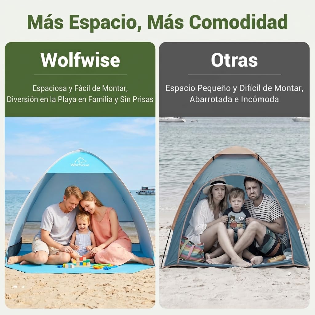 Wolfwise Carpa de Playa desplegable para 2-3 Personas, Refugio de Playa con protección UV 50+, Montaje en Segundos, Repelente al Agua y ventilada, 150 x 120 x 110 cm (59 x 47 x 43 in), Azul
