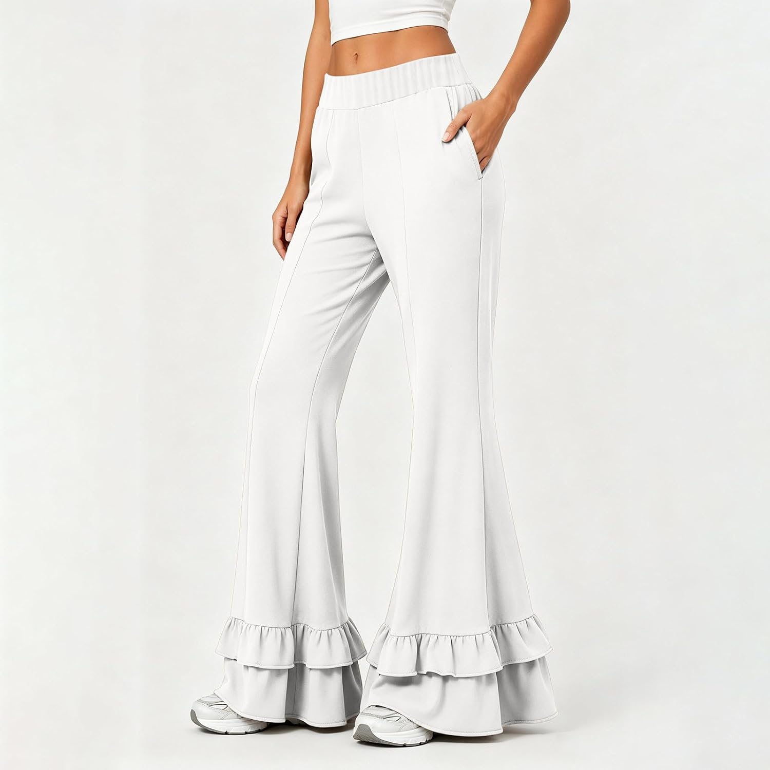 Womens Double Ruffle Hem Pants Elastic Waist Retro Flare Trousers