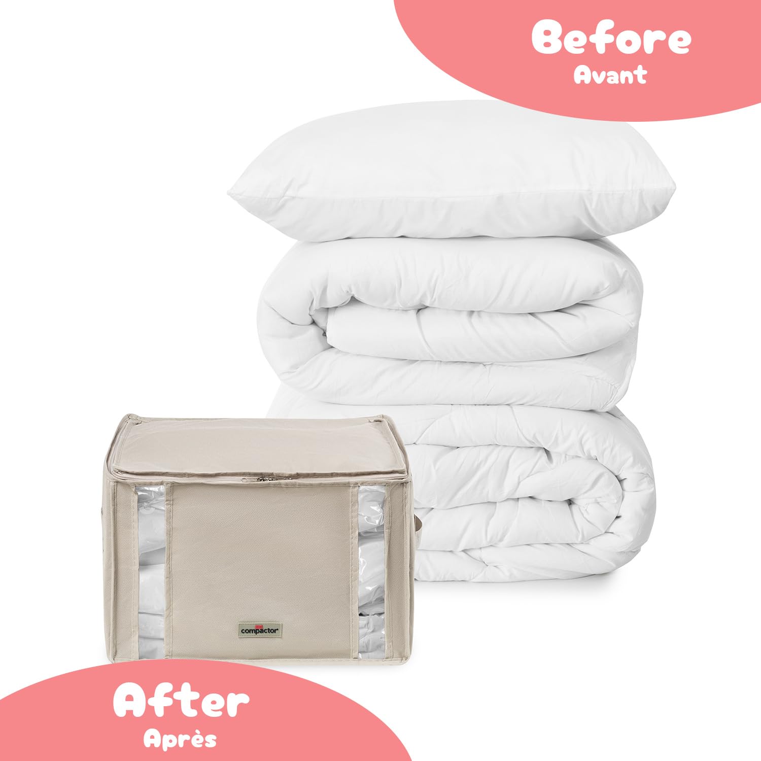 COMPACTOR- Lot de 3 housses de rangement sous vide Taille M - 42 x 40 x H27 cm - Coloris beige - Compression avec aspirateur - Valve brevetée - Grande capacité - Linge protégé