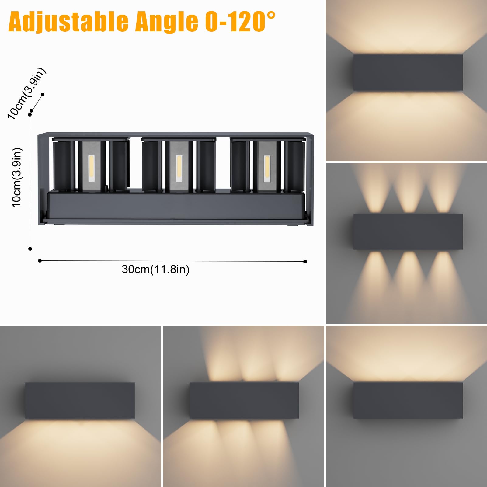 Klighten 30W Außenlampe Außenwandleuchte Anthrazit, 2PCS Aussenleuchte Aussenlampe Wand UP Down, IP65, Wandleuchten Innen/Außen Mit Einstellbar Abstrahlwinkel,für Wohnzimmer Garten, Warmweiß 3000K