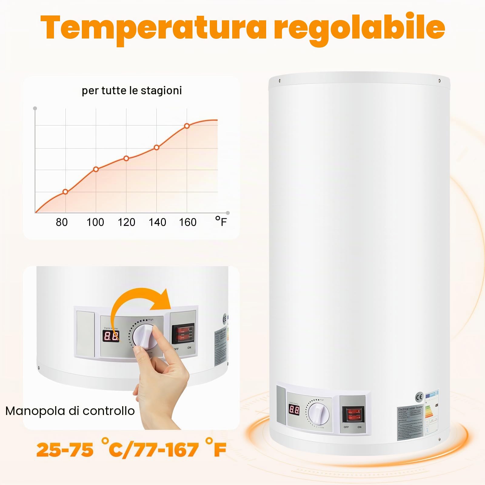 Scaldacqua elettrica istantanea da 50 l, scaldabagno elettrico da 2000 W, scaldabagno, 71 x 34 cm, con set doccia, 25 – 75 ℃, per cucine, WC, appartamenti