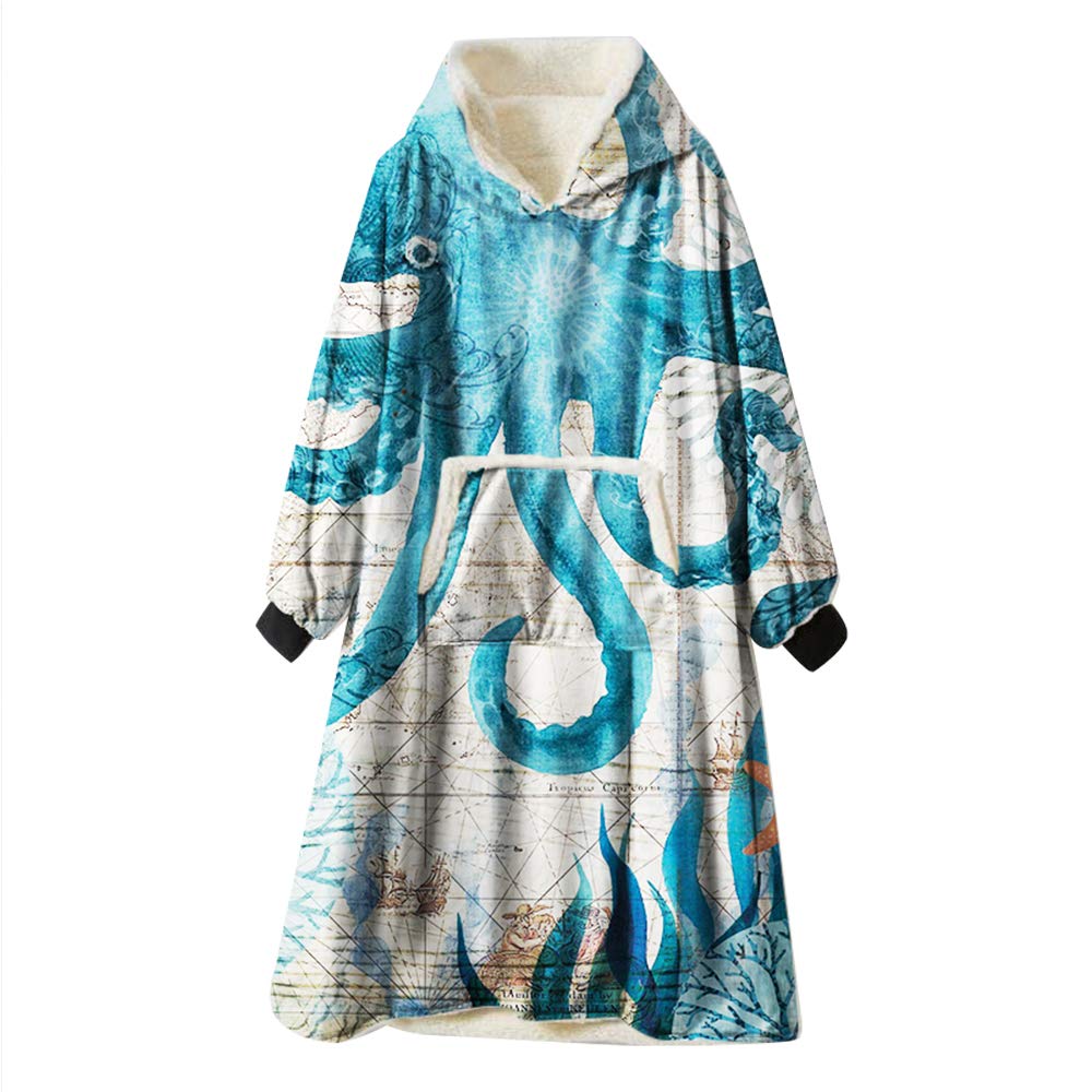 OuduoOversized Hoodie Sweatshirt Blanket, Marine Life Print Super Soft Plush Fluffy Sherpa Hoodie Wearable Giant Hoody Pullover with Warm Front Pocket Fits Adults Men Women