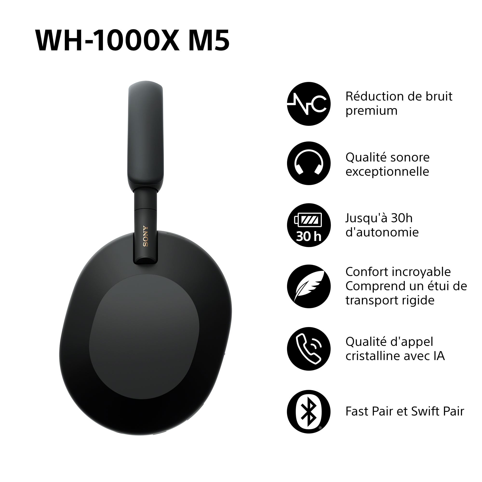 Sony WH-1000XM5 - Étui Rigide, Casque sans Fil Haut de Gamme à réduction de Bruit, Bluetooth, qualité d'appel Claire, Audio Hi Res, 30h d'autonomie, étui Rigide, iOS et Android - Noir